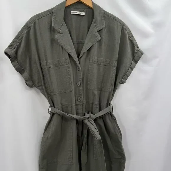 Abercrombie & Fitch Linen Blend Belted Utility Jumpsuit in Green | Large - Picture 5 of 9